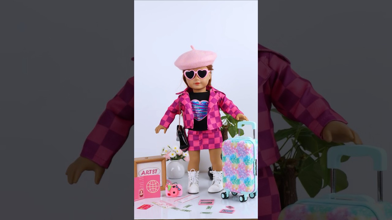 💕ARTST 18 inch doll clothes accessories💕-✨Pink plaid outfit👗 &✨Shiny ✨suitcase#artstdollclothes
