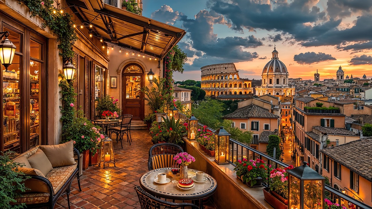 Rome Golden Hour Jazz ☕ Colosseum Terrace Café Ambience & Smooth Jazz Instrumental for Focus & Work