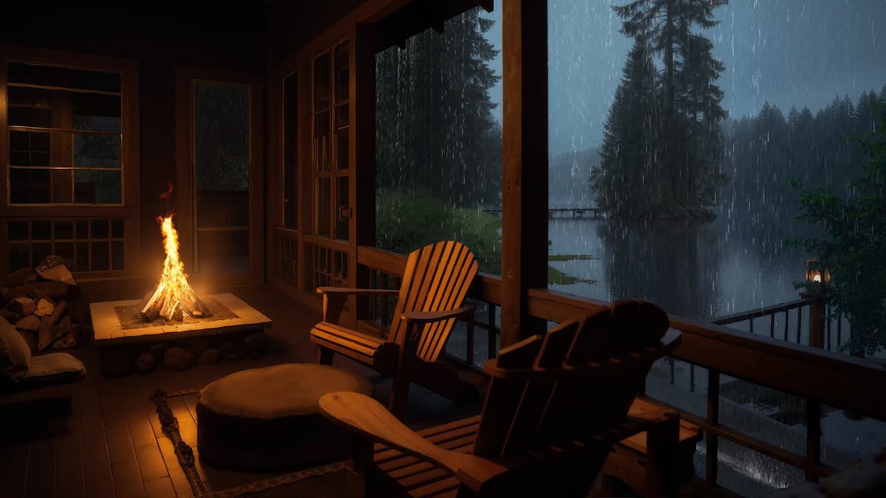 Cozy Porch Ambience | Rain on Roof & Crackling Fireplace by the Lake