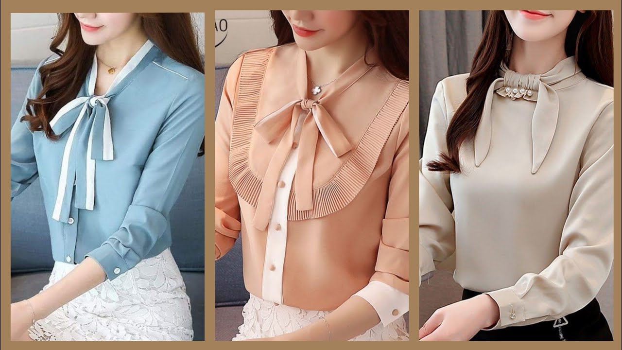 daily office work wear blouses and tops with tie knot neck designs ideas and styles for girls.