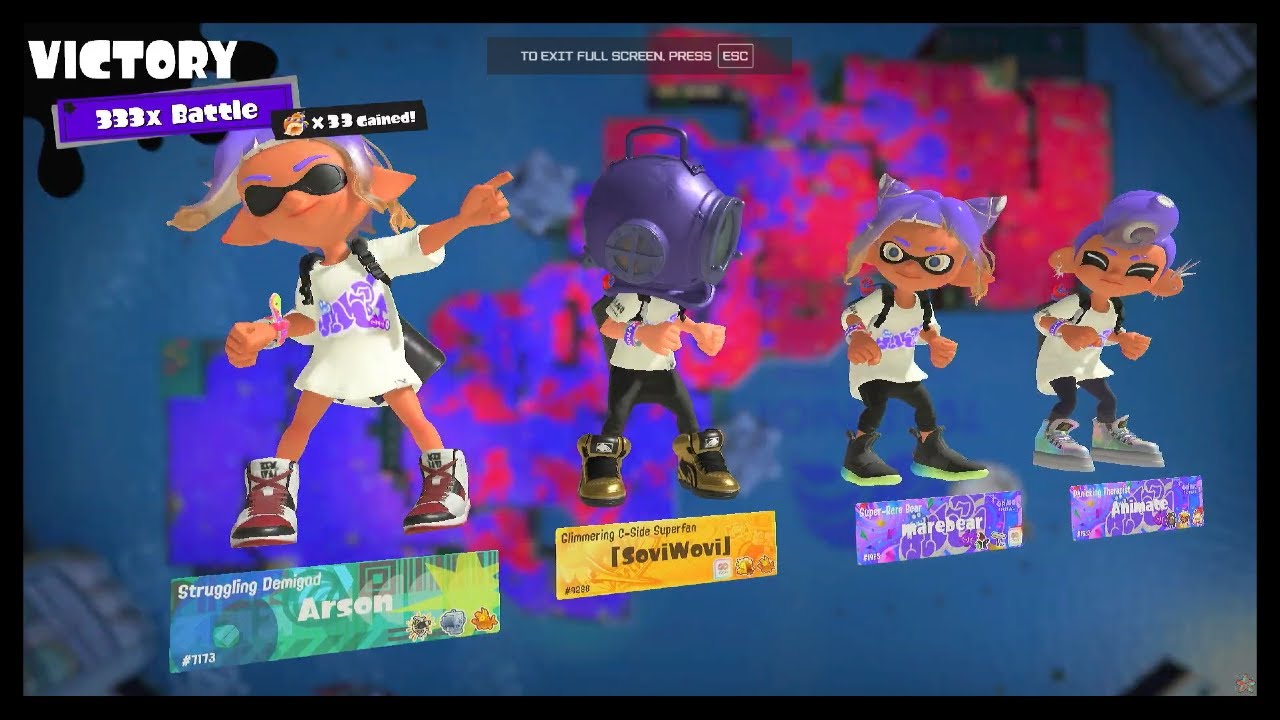 A Splatoon 3 Splatfest 333x Battle Victory.
