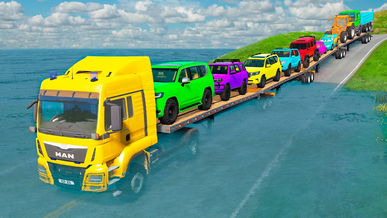 Quad Flatbed Trailer McQueen Transportation with Truck - Speedbumps vs Cars vs Train - BeamNG #213