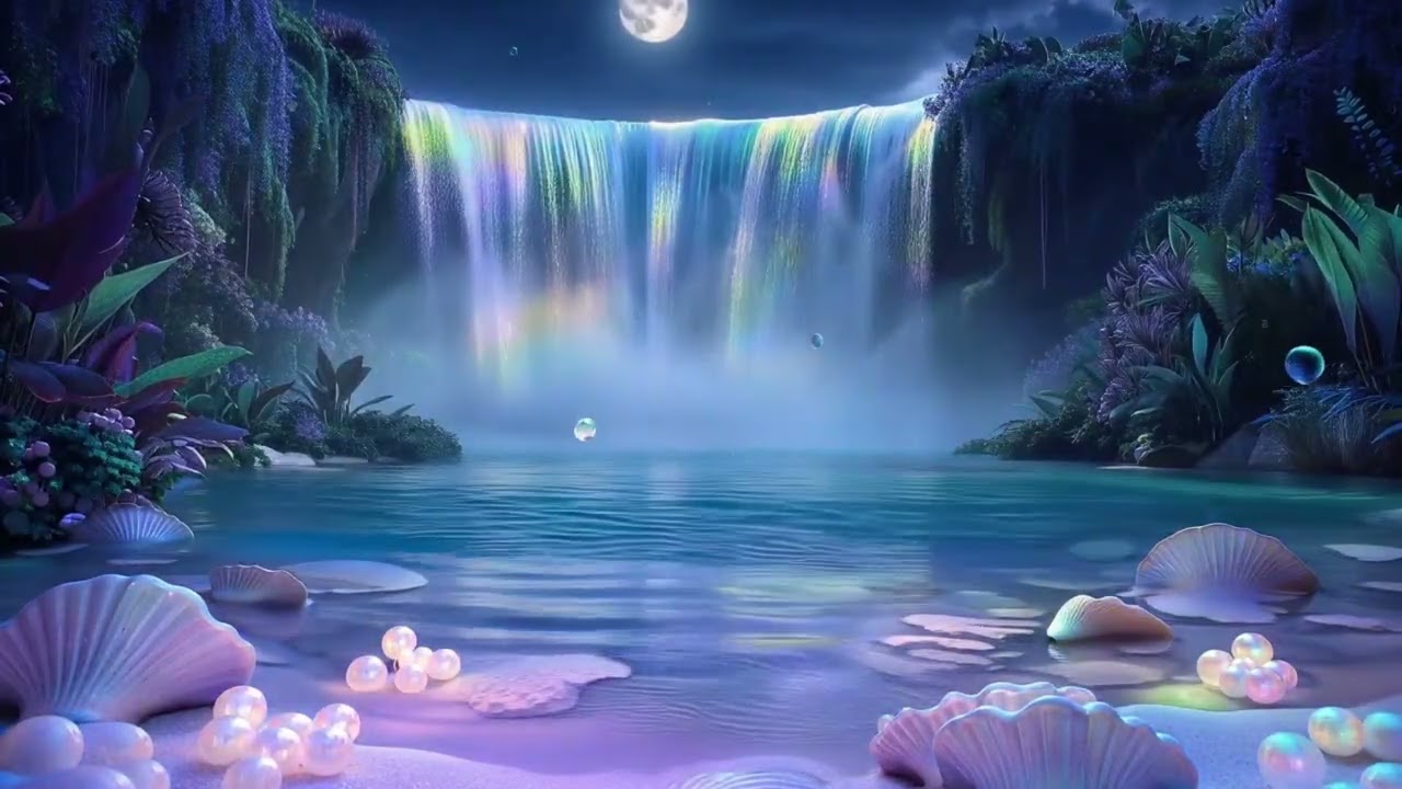 Moonlit Pearlescent Mermaid Lagoon Ambience with Iridescent Waterfall Ambience for Relaxing
