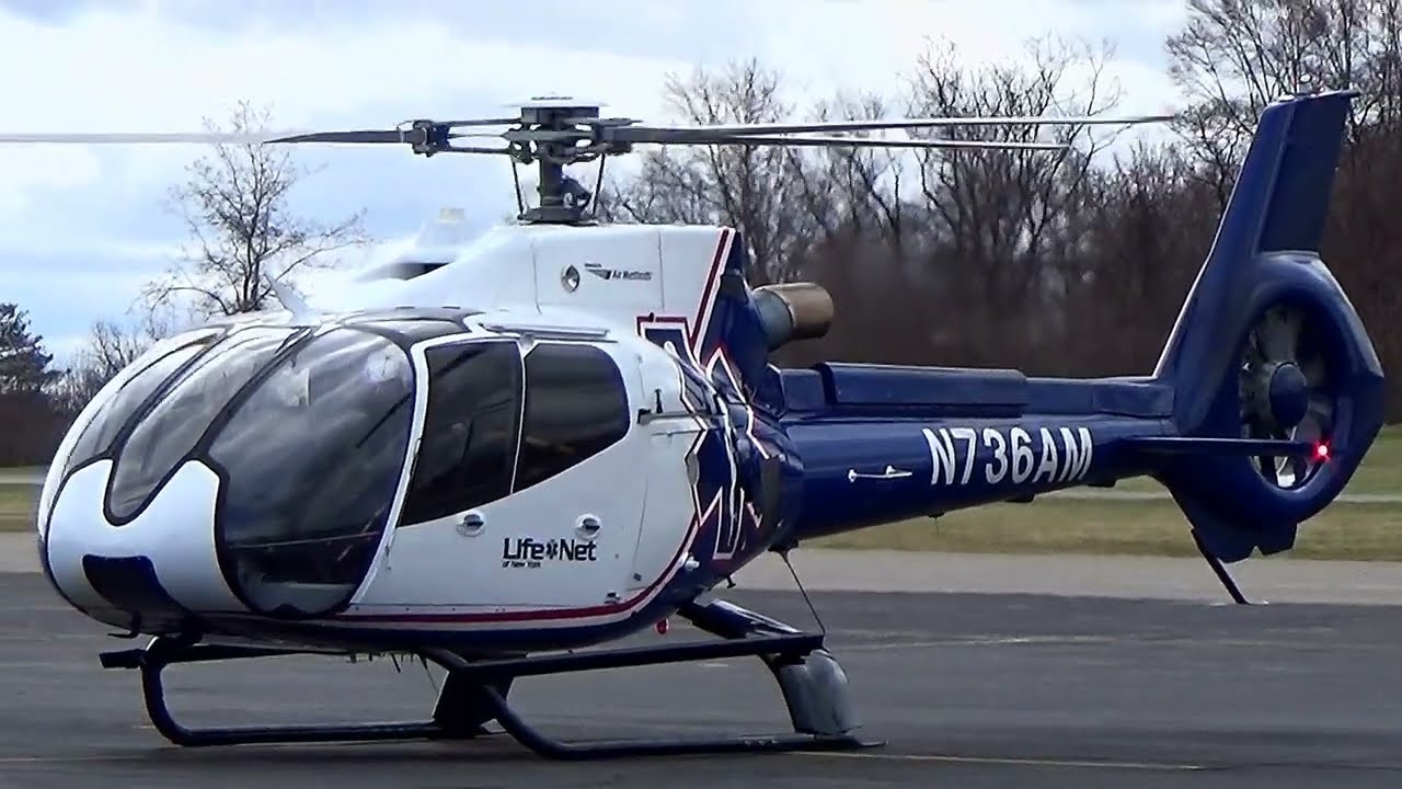 Airbus H130 Eurocopter EC130 Helicopter Air Methods Life Net of NY at KBVI PA. Jet Start & Take Off