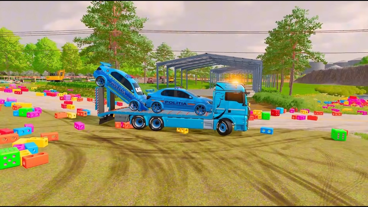 TRANSPORTING POLICE CARS, AMBULANCE, FIRE TRUCK, COLORFUL CARS WITH TRAIN  FARMING SIMULATOR 22!