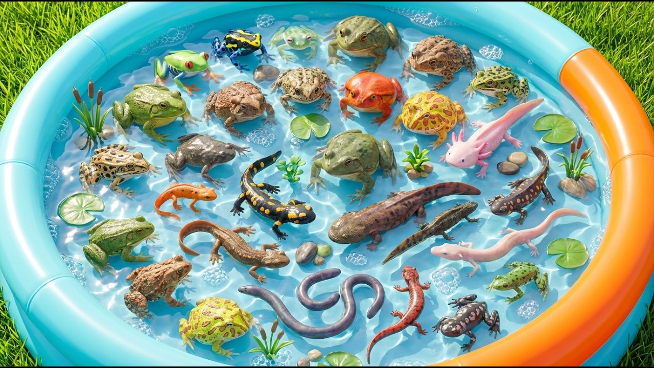 Amphibian Animals For Toddlers: Frog, Newt & Axolotl Adventure | Wild Animal Sounds