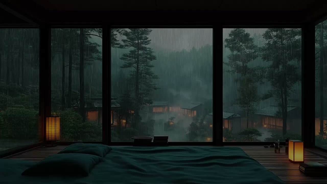 Peaceful Rain in a Zen Mountain House | Misty Forest and Distant Peaks | Focus and Sleep Sounds