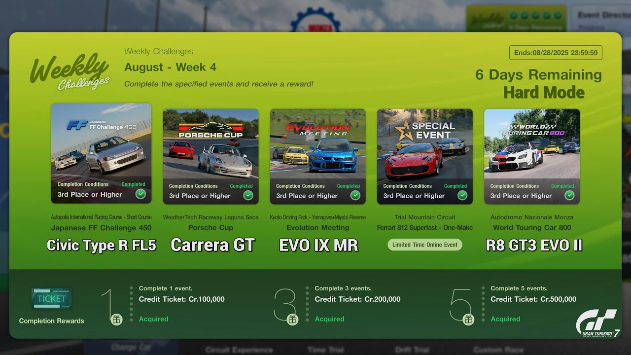 Gran Turismo 7: Weekly Challenges August 2025 WK.4 - 4th time siz- 812 1-Make & WTC800 [PS5Pro]