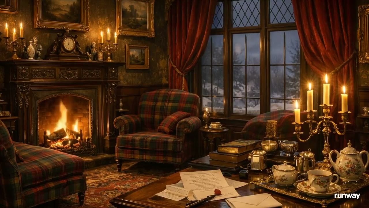 Cozy Scottish Victorian Parlor | Fireplace & Gentle Snowfall | Relaxing Ambience for Study & Sleep