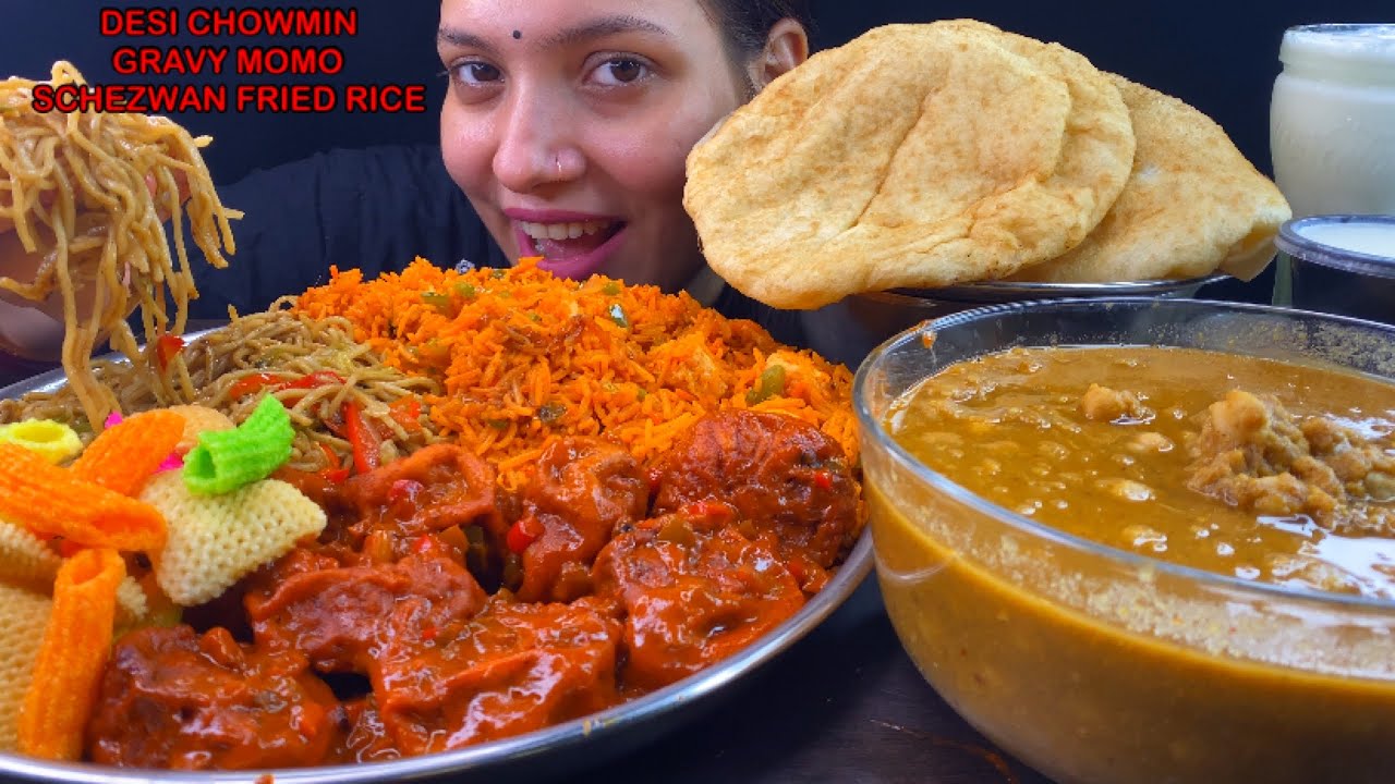 Eating Spicy🔥 Desi Chowmin, Schezwan Paneer Momo Gravy, Chilli Paneer Fried Rice, Chole Bhature