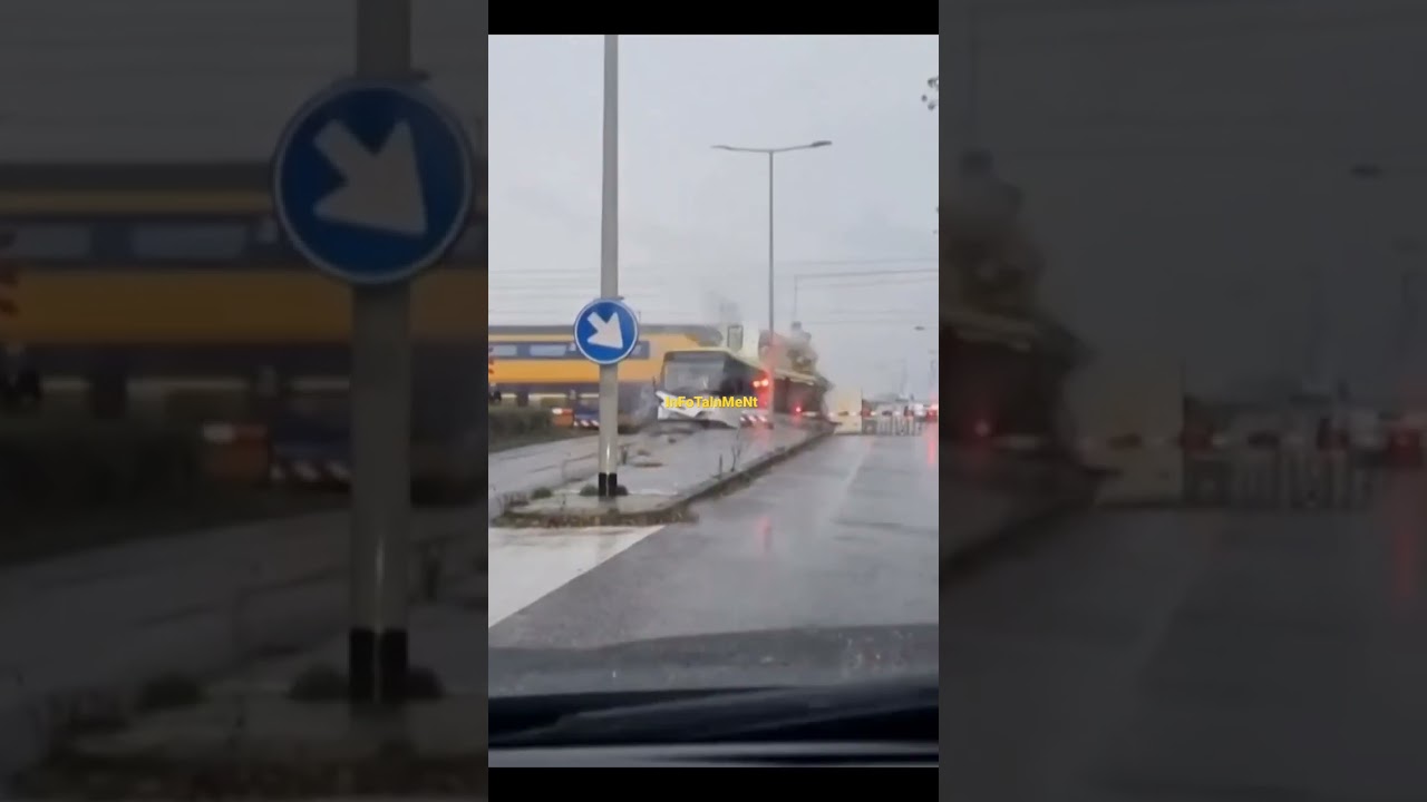 Train smashed into an empty bus stuck at railway crossing #Railway #accidentnews #Bus#railroad