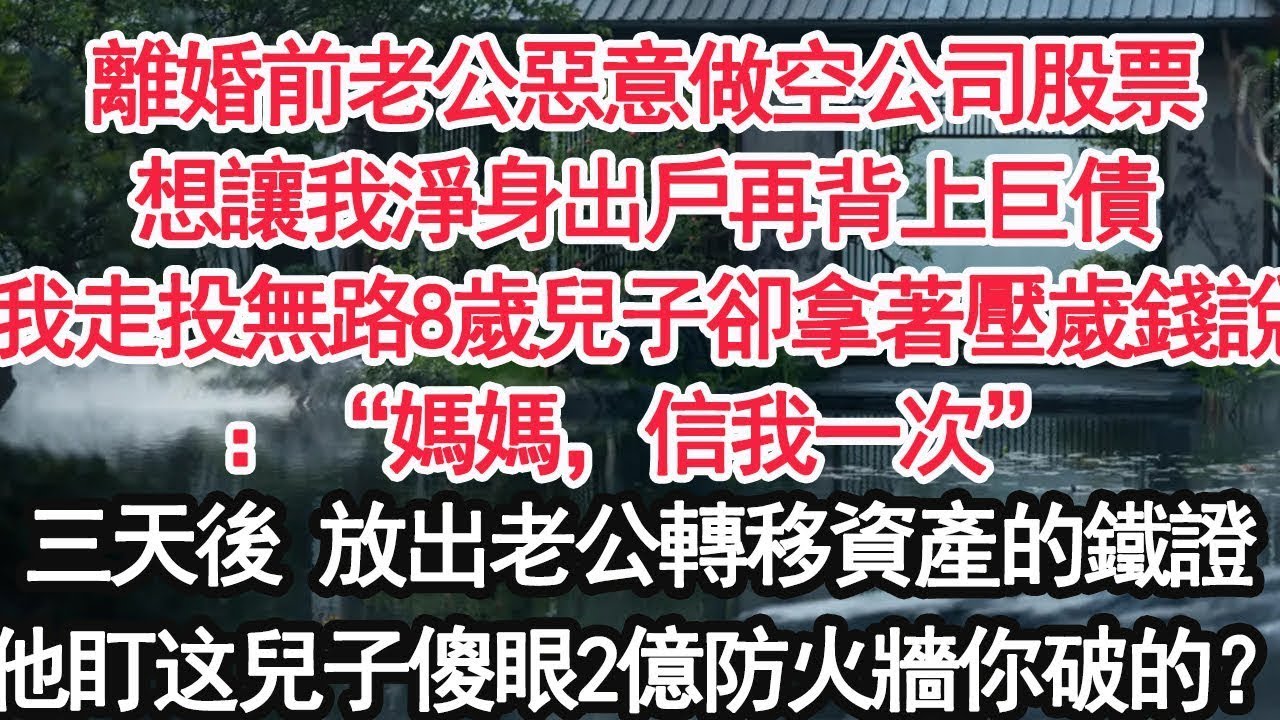 離婚前老公惡意做空公司股票想讓我淨身出戶再背上巨債我走投無路8歲兒子卻拿著壓歲錢說：“媽媽，信我一次”三天後 放出老公轉移資產的鐵證他傻眼盯兒子 2億的防火牆你破的？【顧亞男】【大女主】【婚姻自