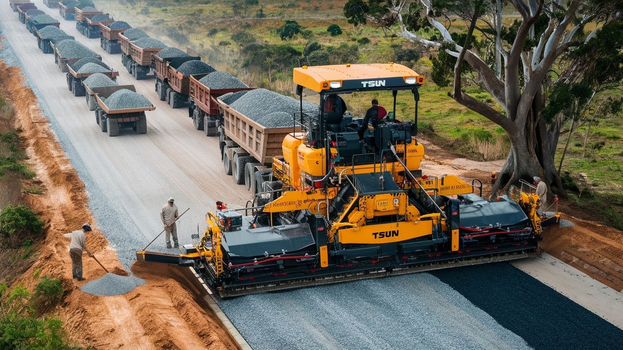 Technology Road building with heavy machinery gravel paving the road & dump trucks supplying gravel