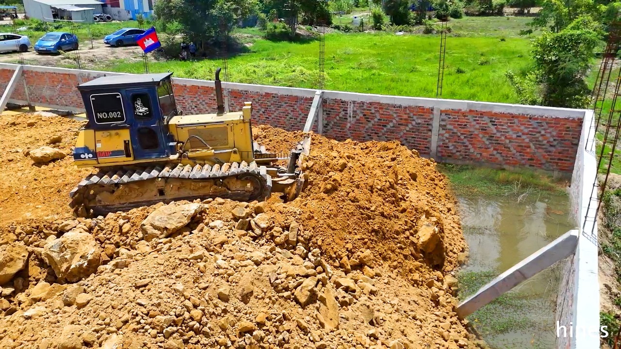 Ultimate Update !! Complete 100% Corner Fence Foundation & Clear Land By Dozer Push Stone Into Water