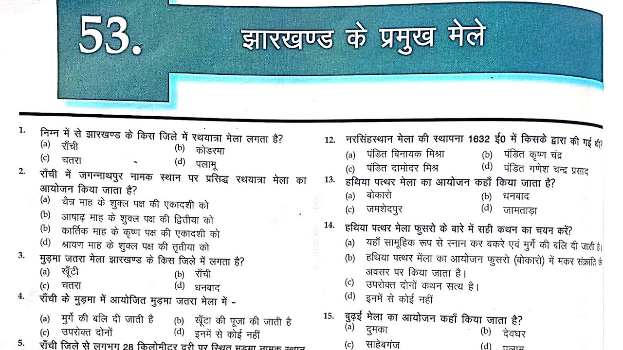 झारखंड के प्रमुख मेले Part -1 MCQ | झारखंड की कला एवं संस्कृति | मैं हूं झारखंड Book से MCQs | JPSC
