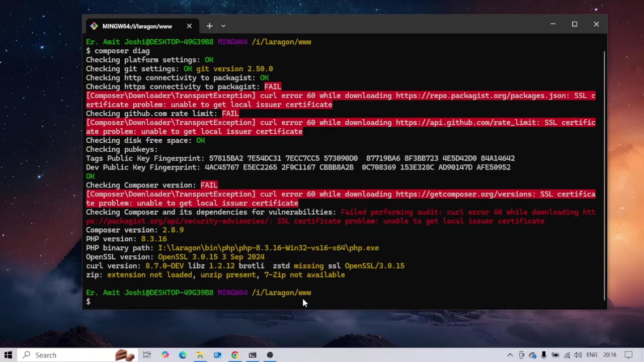 Solved Composer curl error 60 while downloading
