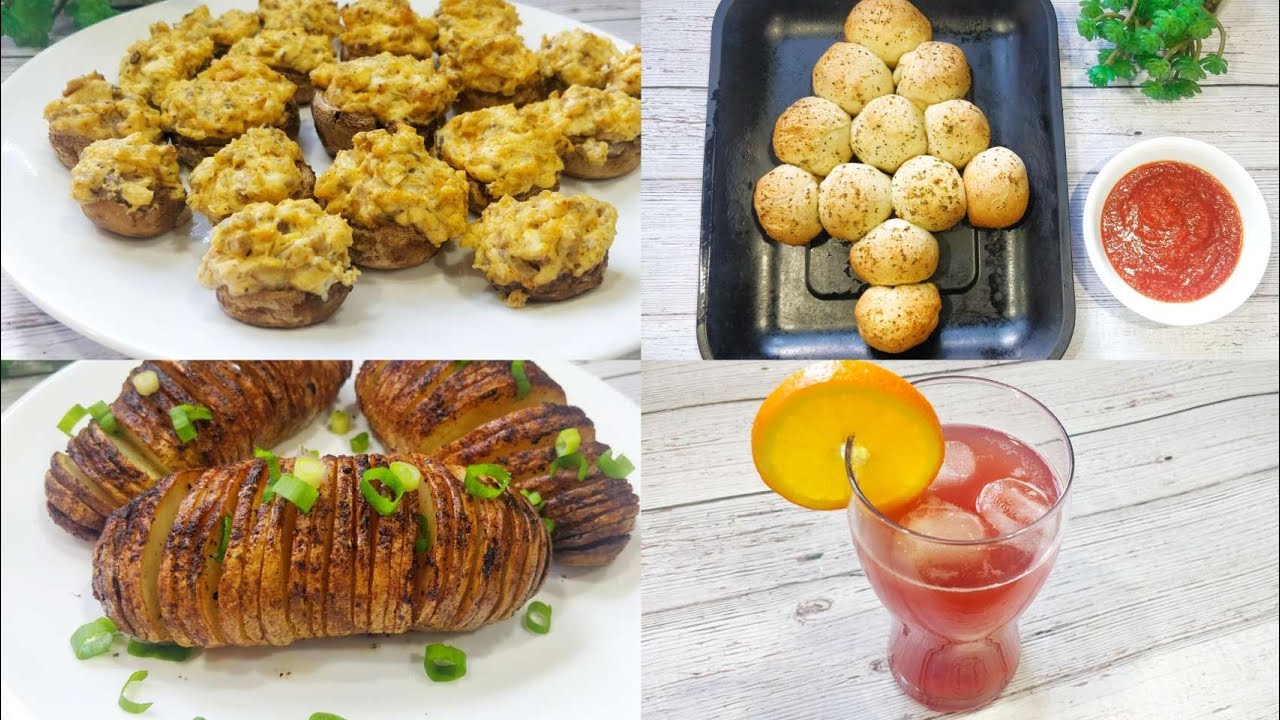 Stuffed Mushrooms | Christmas Tree Bread | Hasselback Potato | Holiday Mocktail Punch