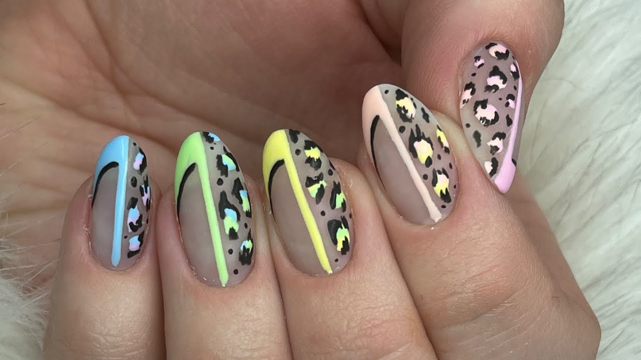 BRIGHT PASTEL FRENCH OMBRE LEOPARD GEL NAILS | Builder Gel Nails | Hand painted leopard gel nails