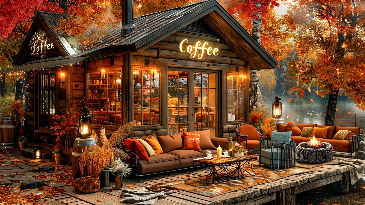 Gentle Jazz Music for Good Mood 🍂 Coffee Shop Outdoor in Autumn Forest by the Lakeside Ambience