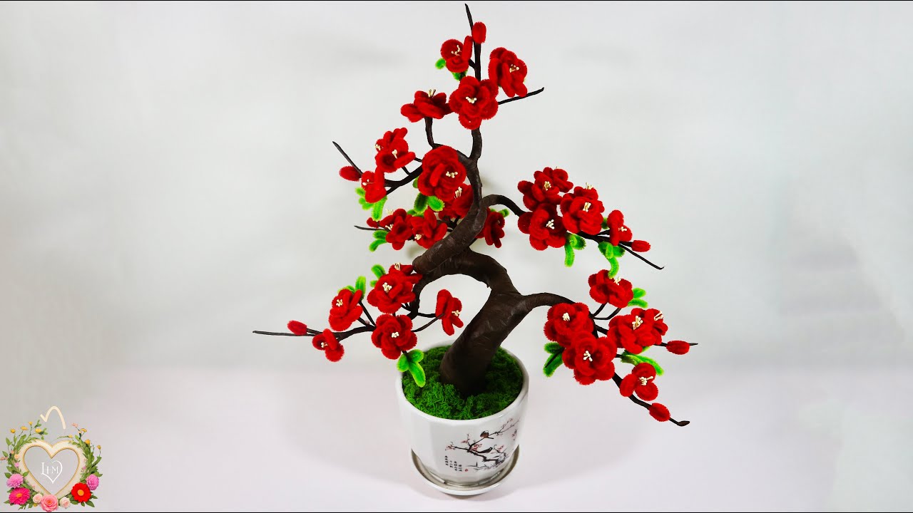 Cách làm cây Hoa Đào Bonsai chơi tết đơn giản bằng kẽm nhung - How to make a Bonsai Peach tree 