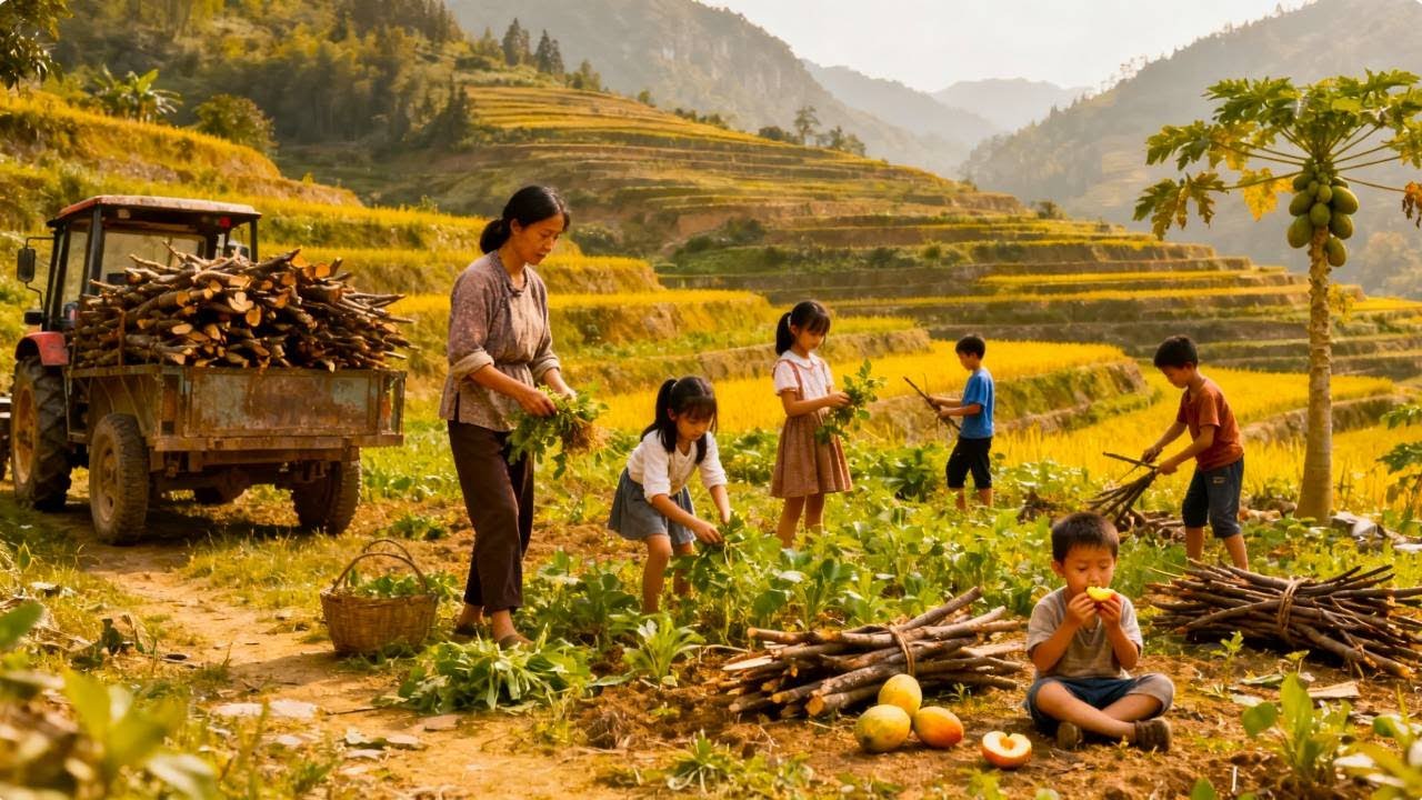 【一家七口隐居深山】妈妈吃完午饭到木瓜地除草，孩子们主动帮助妈妈干活！#农村生活#vlog#山居生活