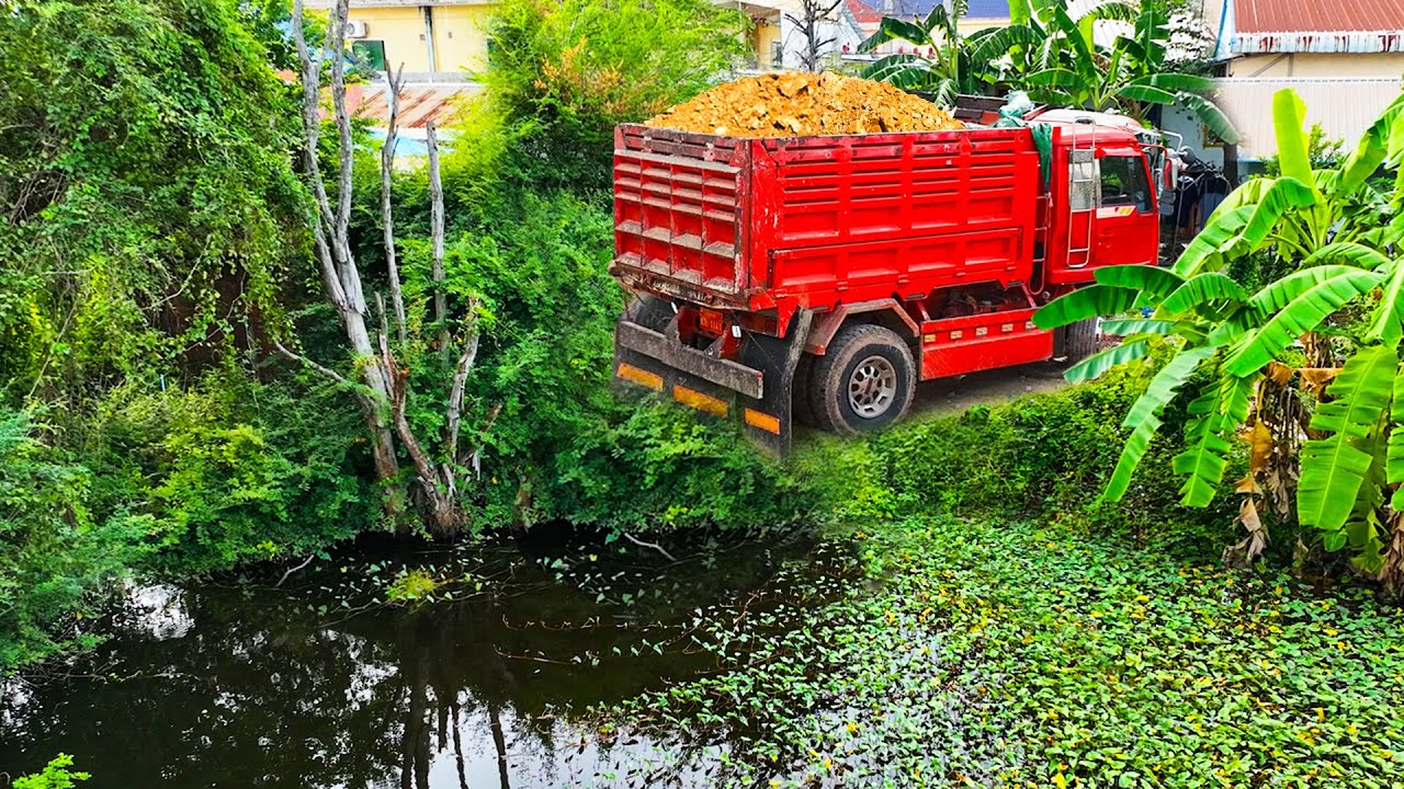 First Start Amazing Project.! Landfill Delete Deep Pond Using Dozer PushInto Water With 5ton Truck