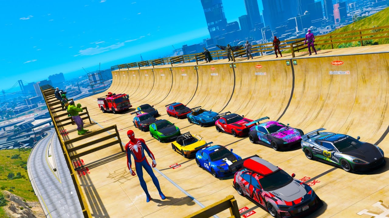 Super Heroes and Spiderman Challenge racing GTA V Hulk Venom Falcon !Человек паук и Халк Фалкон !