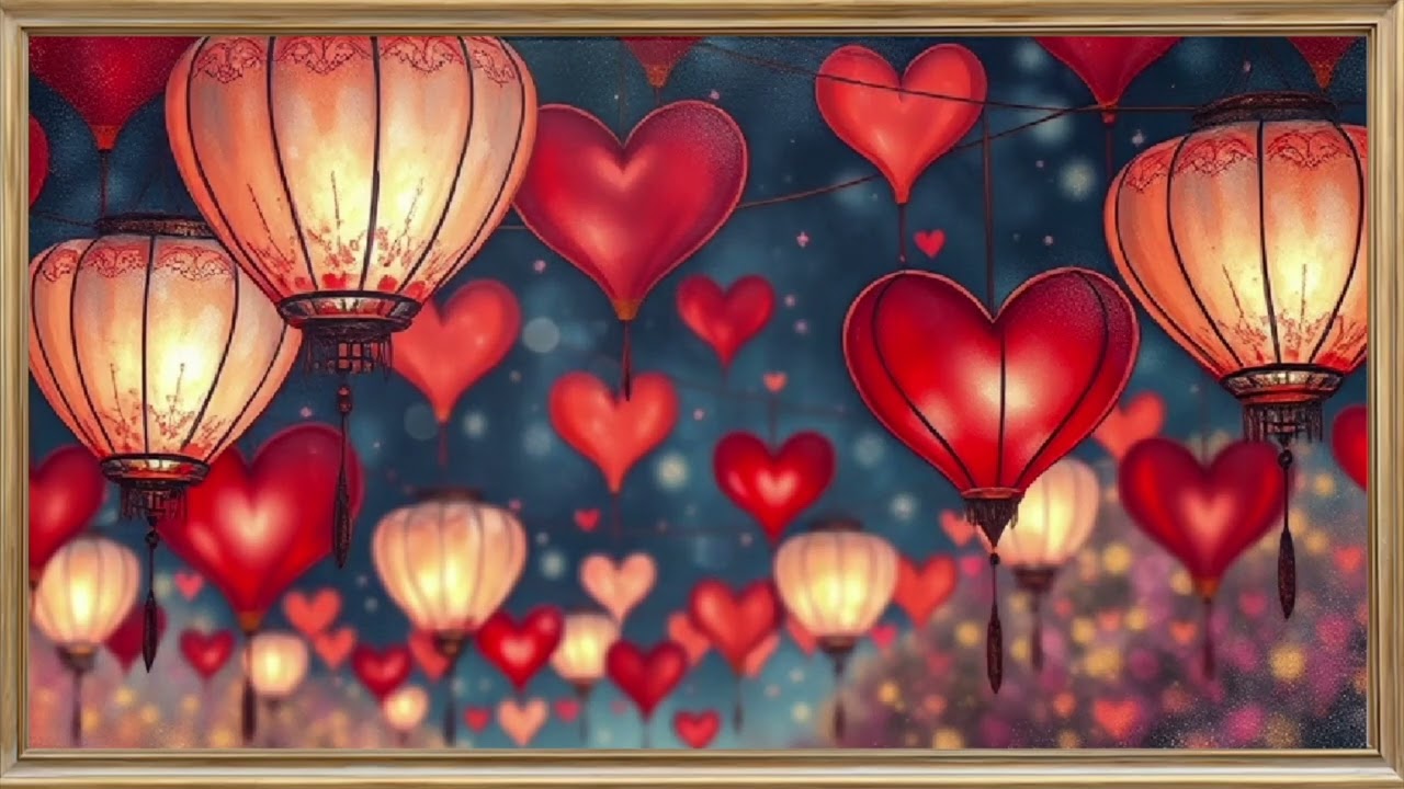 VALENTINES LANTERNS  FRAMED TV ART WALLPAPER SCREENSAVER BACKGROUND W. RELAXING PIANO MUSIC PLAYLIST