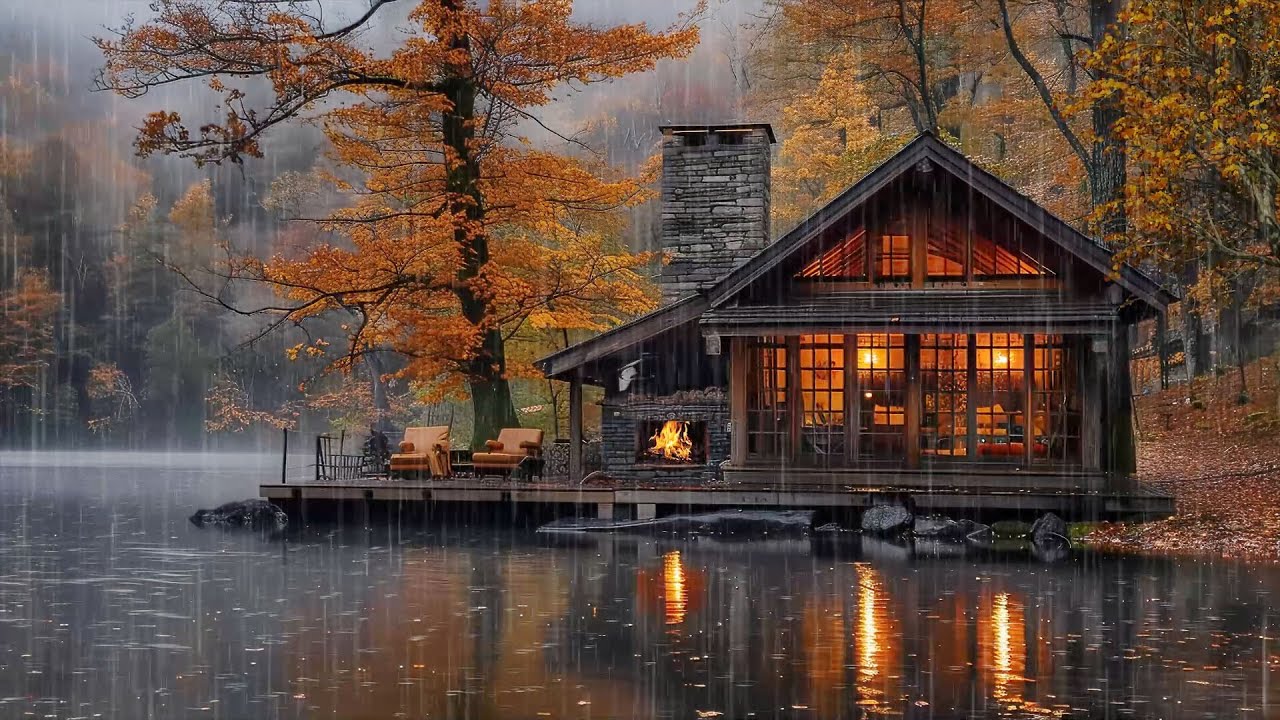 More Calm When Immersing with Autumn Rain by The Lake Ambience and Fireplace | Rain Melody