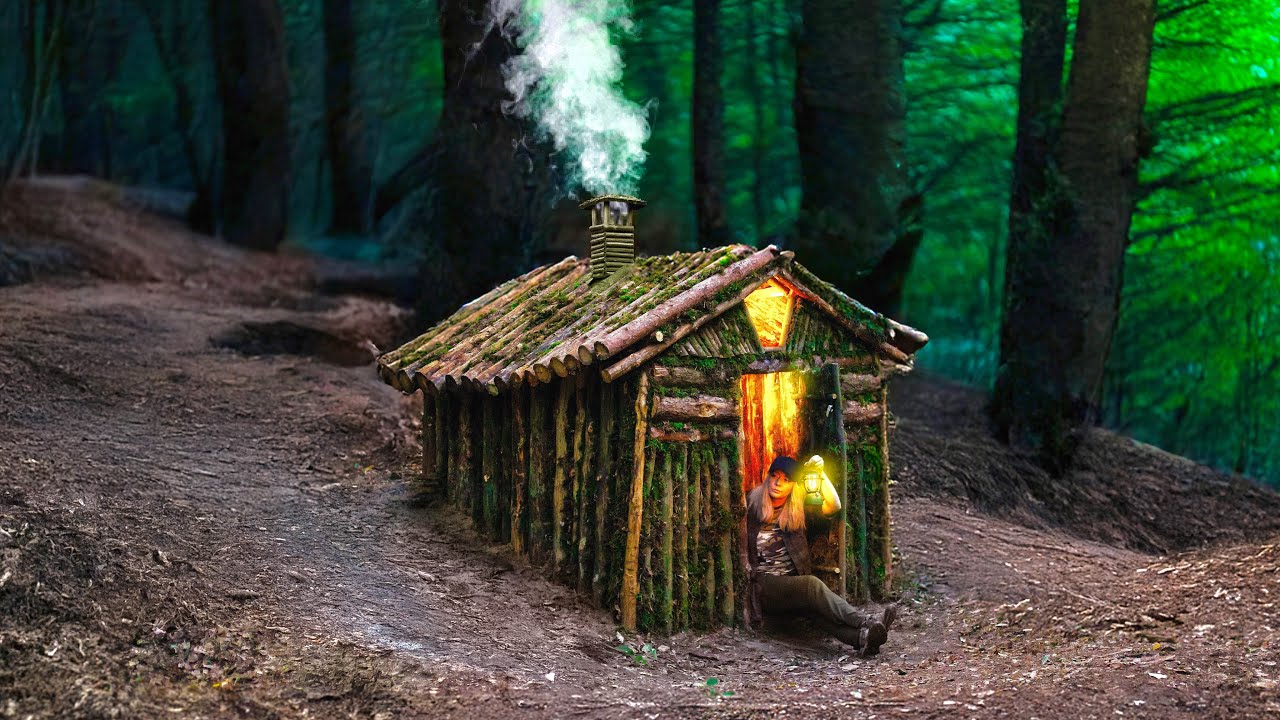 Building a Warm and Cozy Forest Hut for Survival, Log Cabin, Bushcraft, Survival 