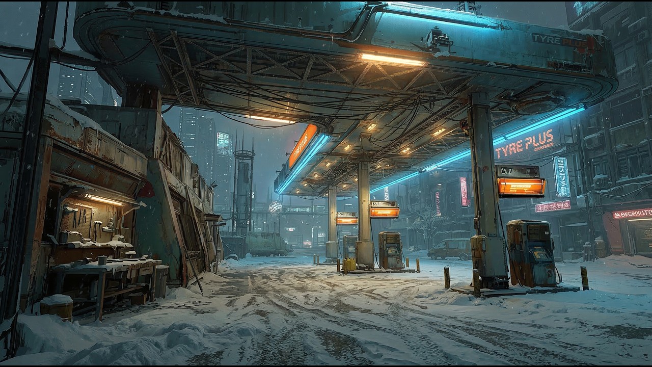 Heavy Snowstorm at a Deserted Sci-Fi Gas Station | 3 Hours of Relaxing Blizzard Sounds
