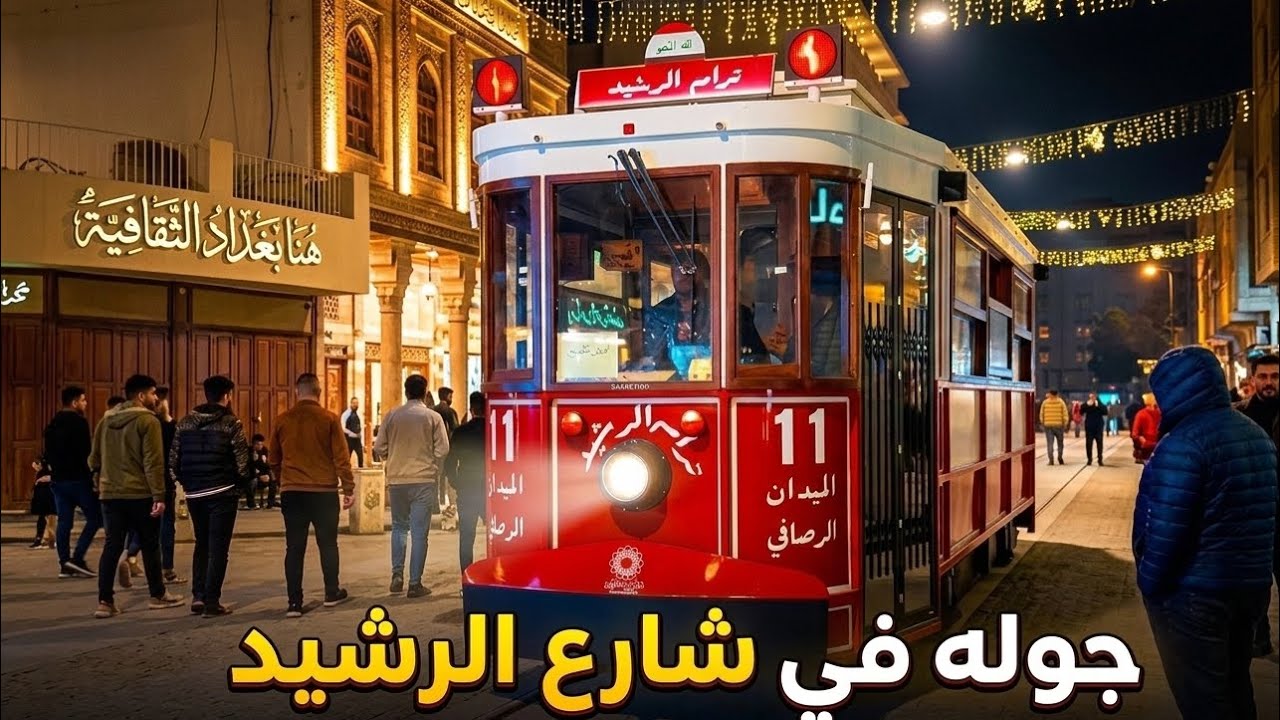 فتتاح اول ترام في بغداد  وجوله في شارع الرشيد اجواء ليليه 
