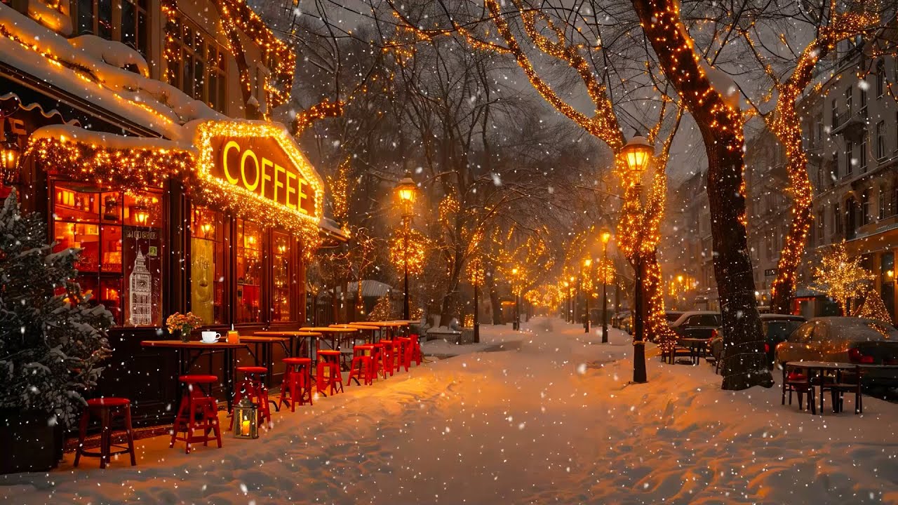 Street Coffee Ambience on a Snowy Day ☕ Relaxing Jazz Music for a Positive Mood ~ Winter Jazz Music