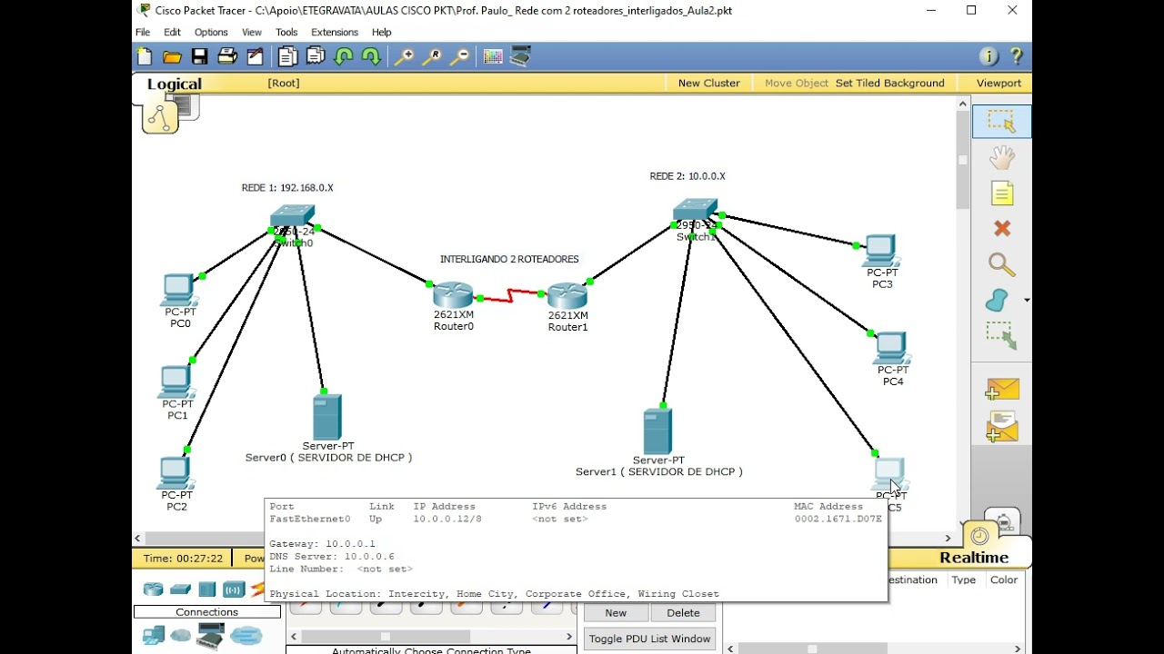 Redes  - 1 ( Interligando 2 roteadores ( Packet Tracer ) - Prof. Paulo Roberto)