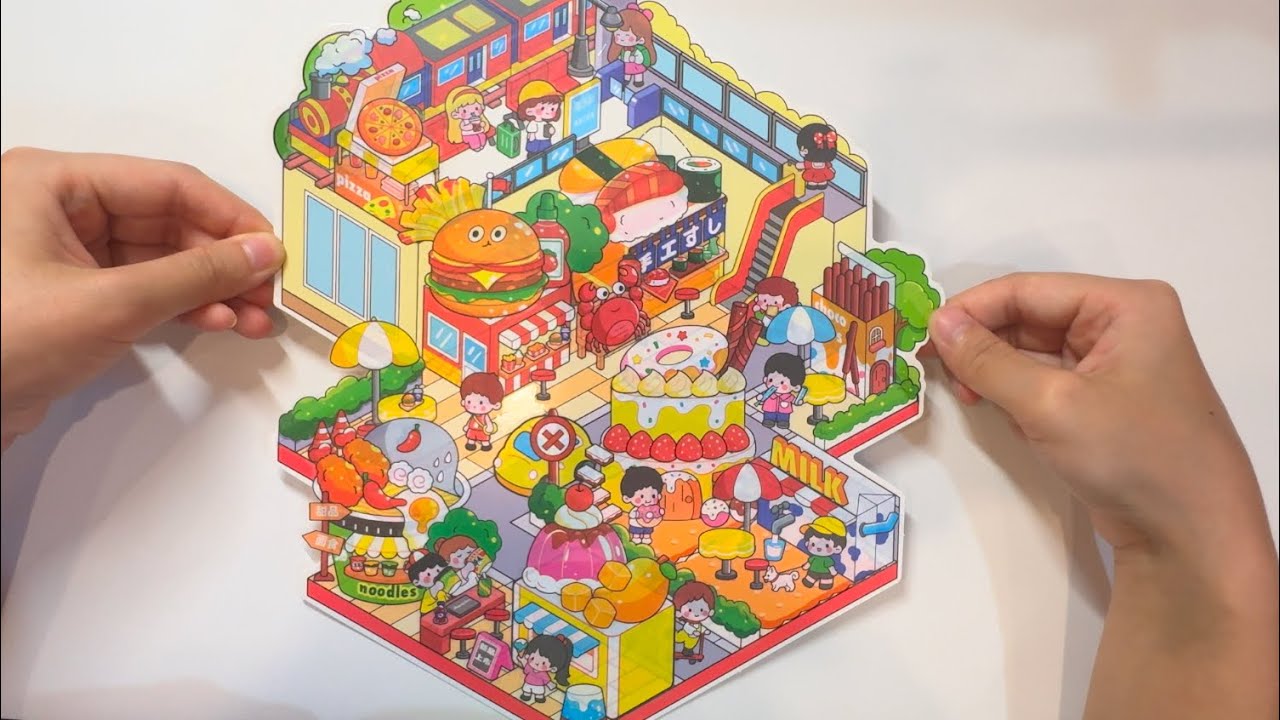 ASMR peeling sticker | Let’s Building Street View of Food Street Miniature Scene | DIY Scene Sticker