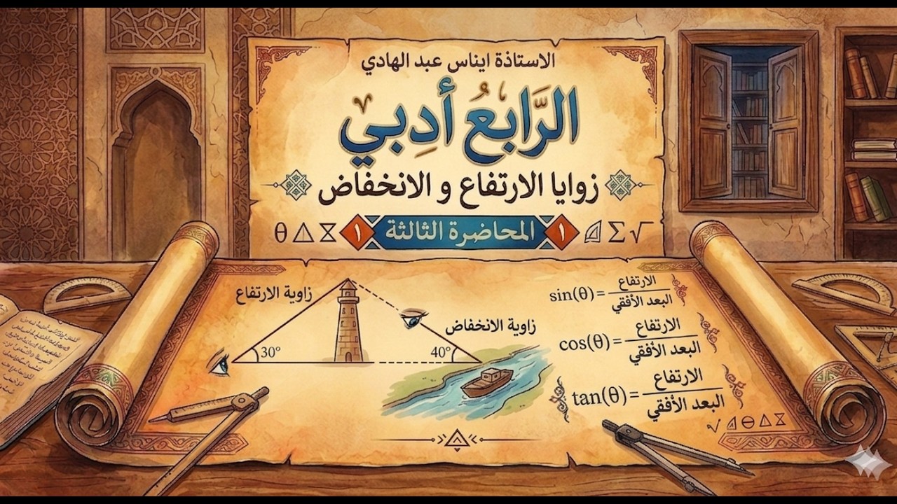 زوايا الارتفاع و الانخفاض - الرياضيات - الرابع ادبي - الاستاذة ايناس عبد الهادي