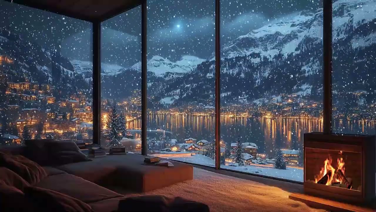 Calm Winter Snow Night by the Mountain Lake with Cozy Cabin Fireplace Ambience