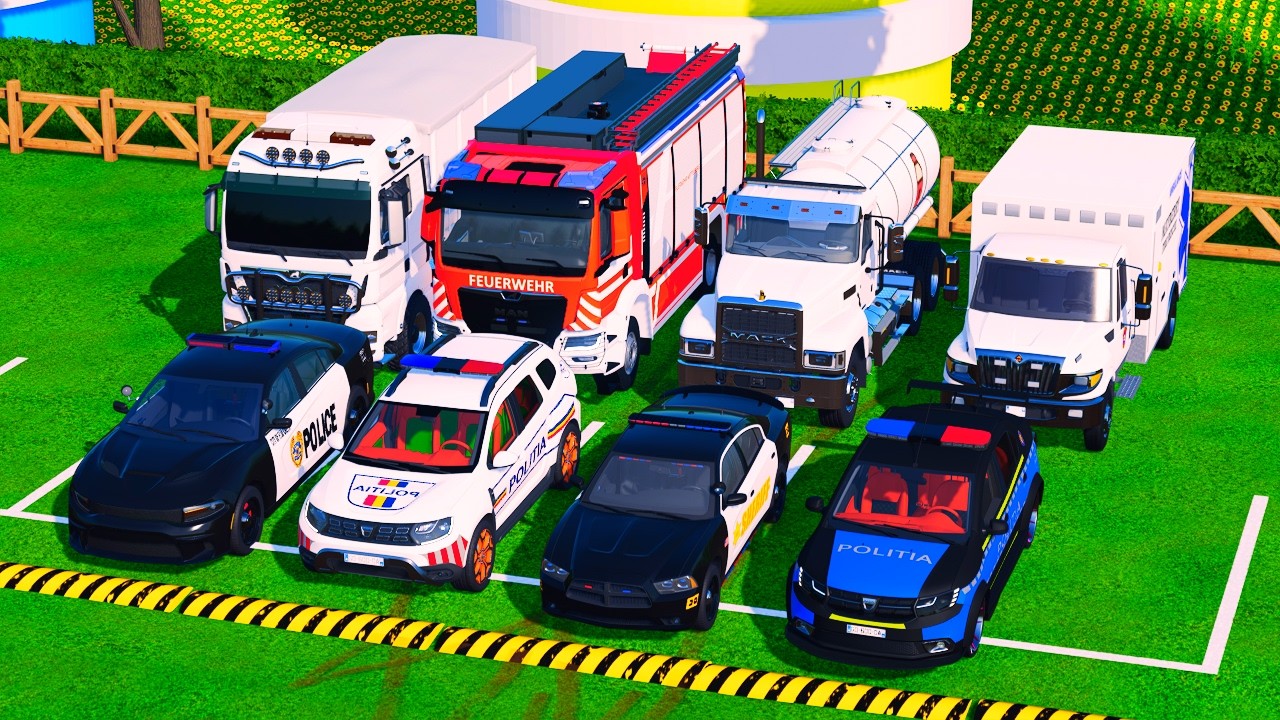 Transporting POLICE, SHERIFF, AMBULANCE, FIRE TRUCK,TANKER &  BOX TRUCK with VOLVO 🚛🔥 | FS22 #58