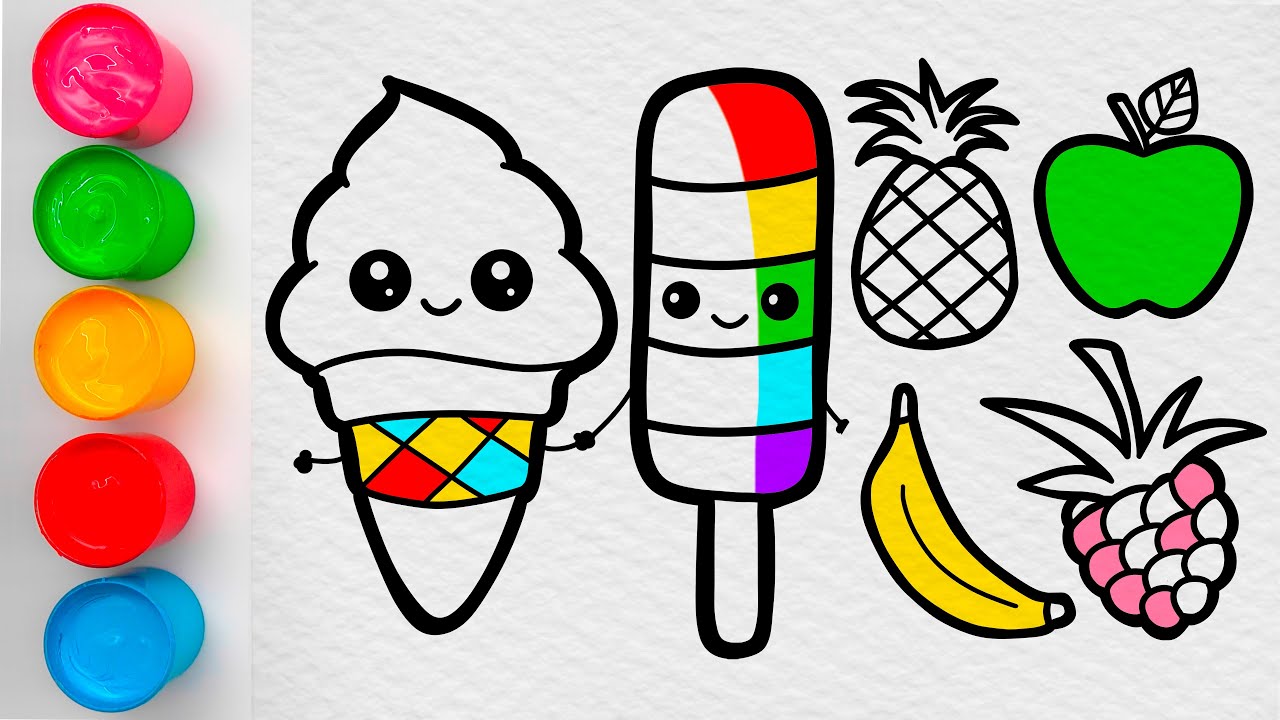 Drawing and coloring fruits and ice cream & other simple pictures for  for Kids, Toddlers