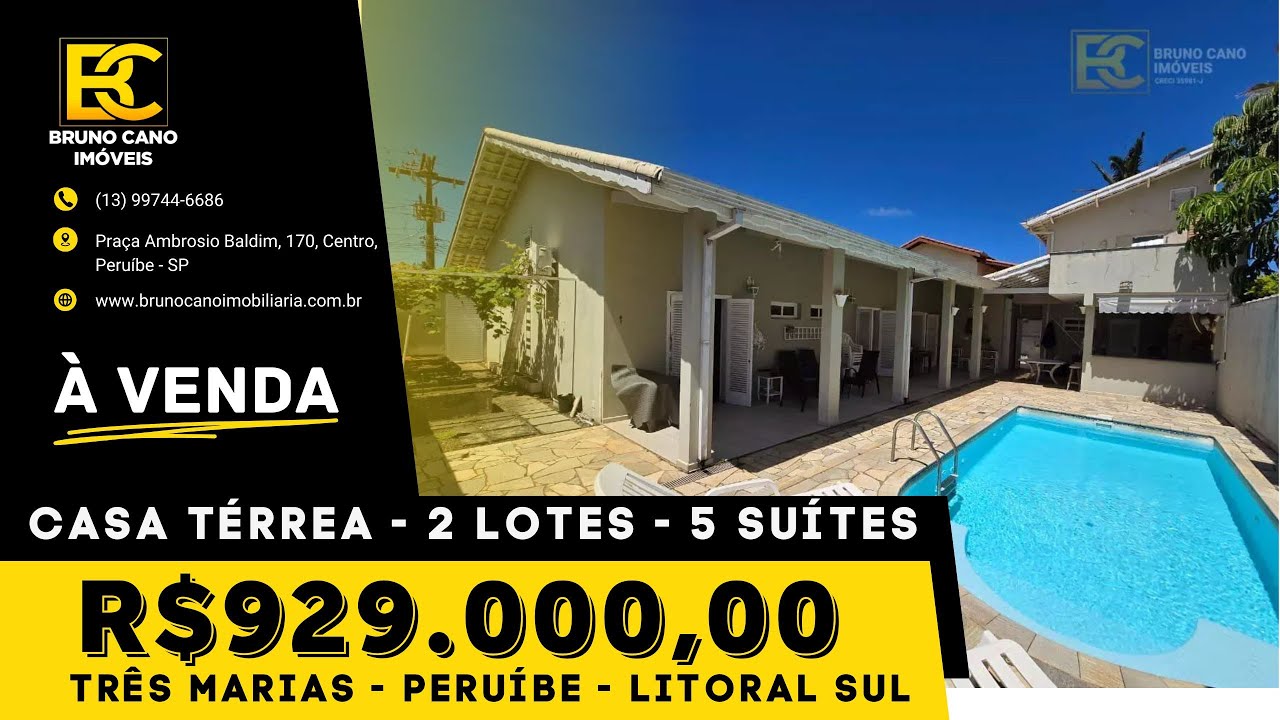 CASA T&Eacute;RREA - 2 LOTES - 5 SU&Iacute;TES - Peru&iacute;be SP | Litoral Sul