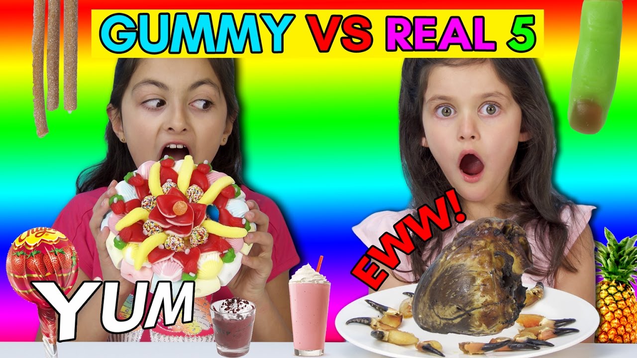 Real vs Gummy Food Challenge Part 5! Kids React to GROSS REAL FOOD -Cows Heart, Crab Claws!