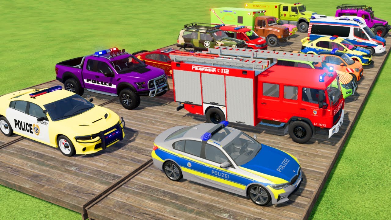 TRANSPORTING FIRE TRUCK, POLICE CARS, AMBULANCE, CARS OF COLORS! WITH TRUCKS! - FARMING SIMULATOR 22