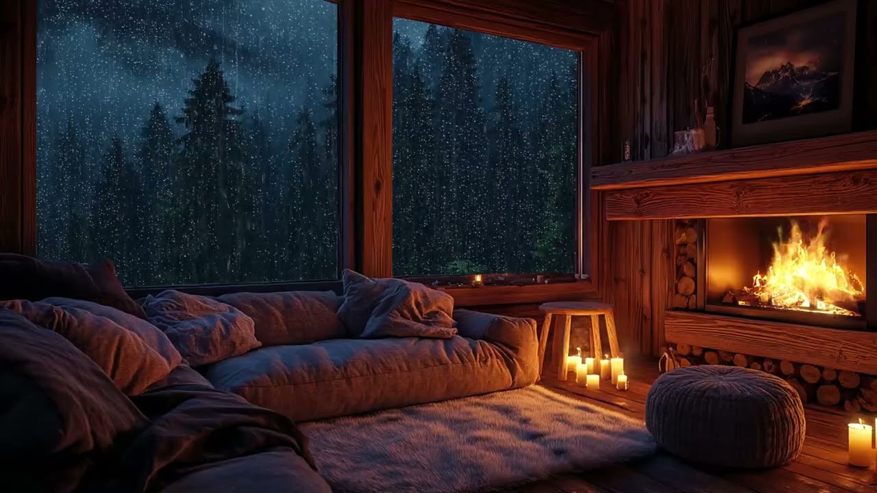 Rainy Day in a Mountain Cabin with Crackling Fireplace - Peaceful Atmosphere for Sleeping, Relaxing
