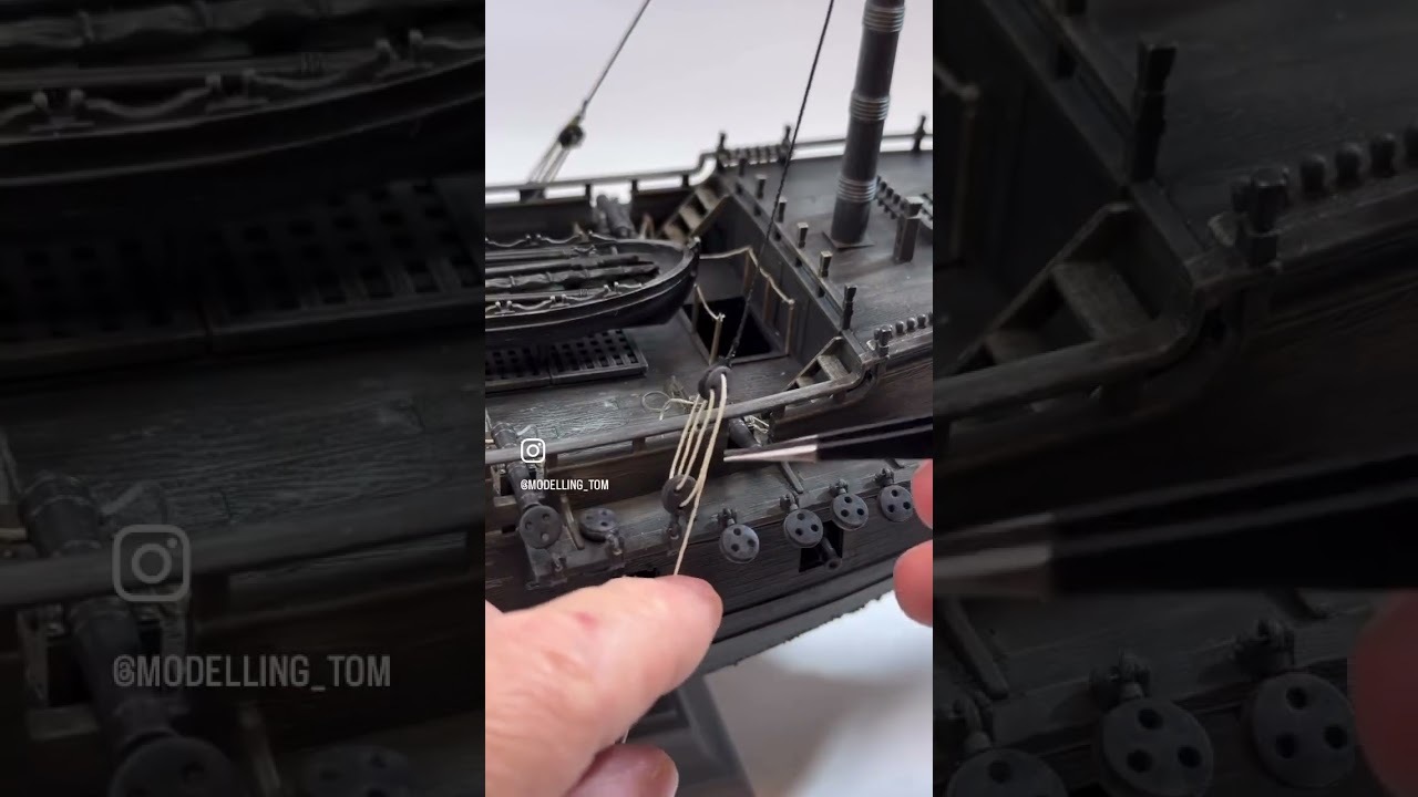 Starting the rigging process on my Black Pearl - with a perfect distance tool for my Deadeyes.