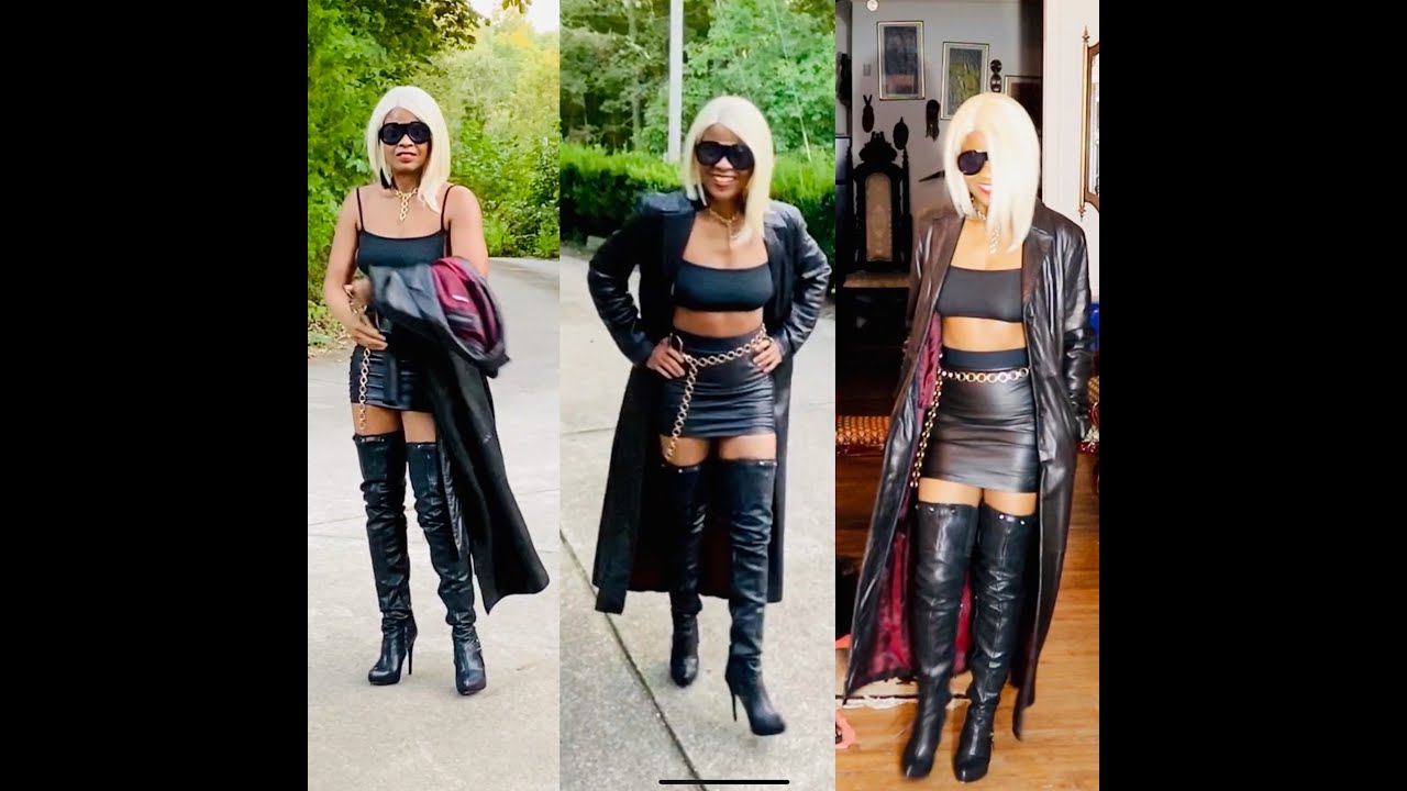 Black Leather| walking in thigh high leather boots| leather micro-miniskirt| Fall 2020| leather coat