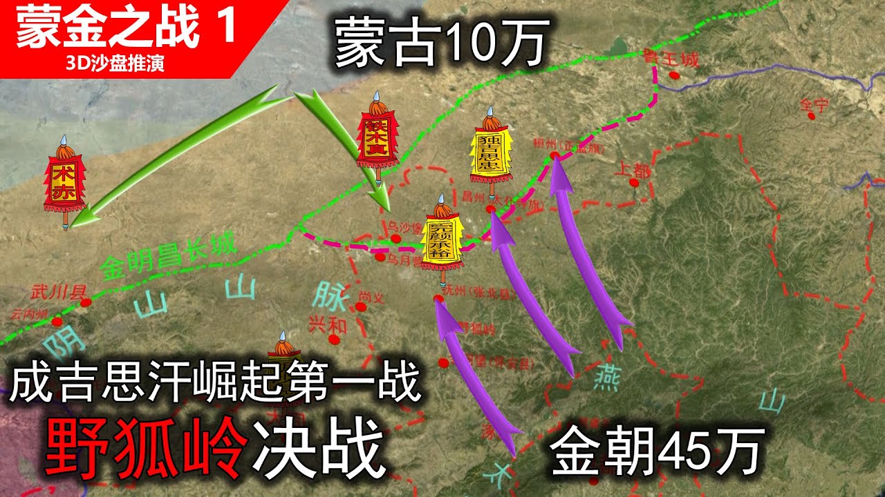 【3D沙盘讲解蒙金野狐岭大决战】金朝被蒙古蹂躏20多年，野狐岭大决战金军45万大军不敌蒙古10万骑兵（信息素战史-蒙金之战1）