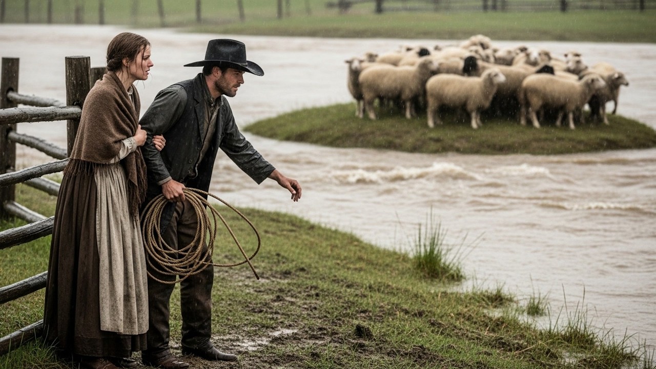 Her Sheep Were Trapped By Rising Floodwater, The Cowboy Waded In And Guided Every Single One Out