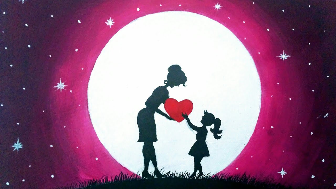 Easy Mother's Day moonlight Drawing for beginners || Mother's Love Drawing | School competition draw
