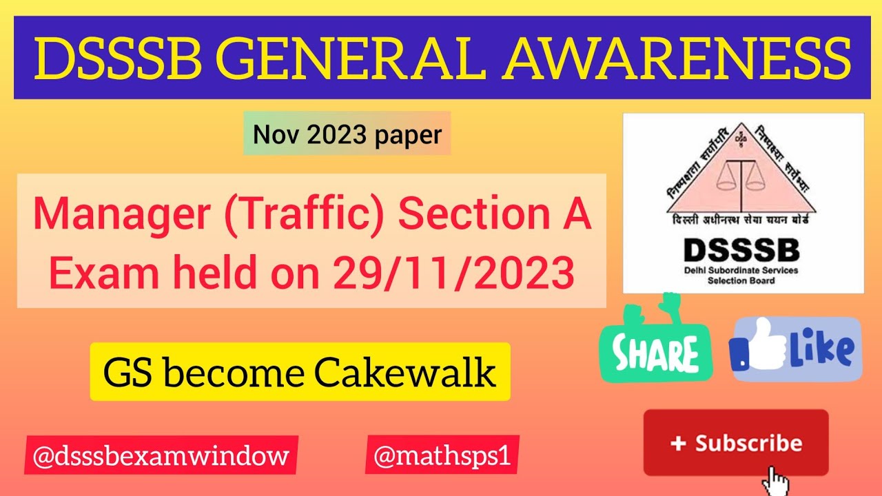 General Awareness part for dsssb exams||Manager (traffic) Section A||#dsssb #dsssbexamwindow