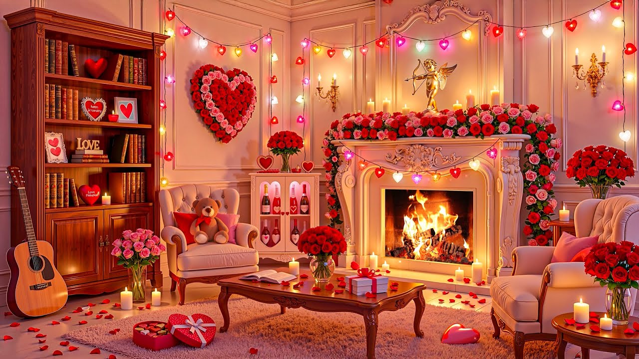 Romantic Valentine's Fireplace's Music 💝 Valentine’s Fireplace's Ambience 💕 Happy Valentine’s Day
